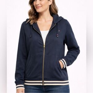 Tommy Hilfiger Navy Zip-Up Hoodie with Striped Cuffs